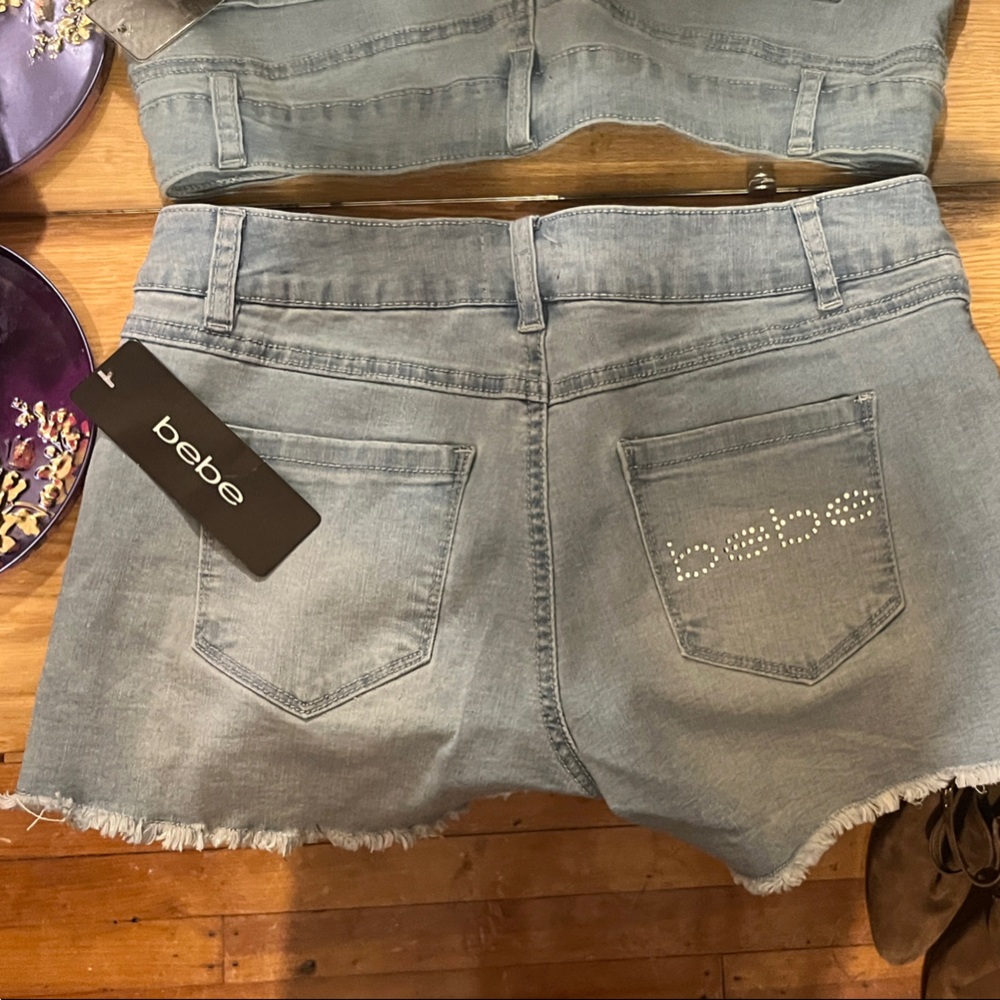Bebe Frayed Hem Light Blue Denim Shorts
